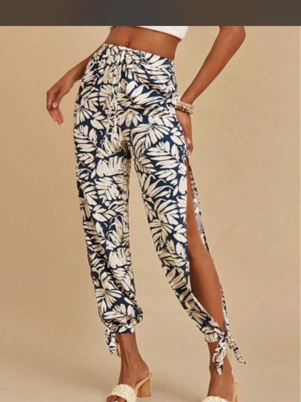SHEIN Navy & Cream Tropical Split-Side Tie Hem Joggers